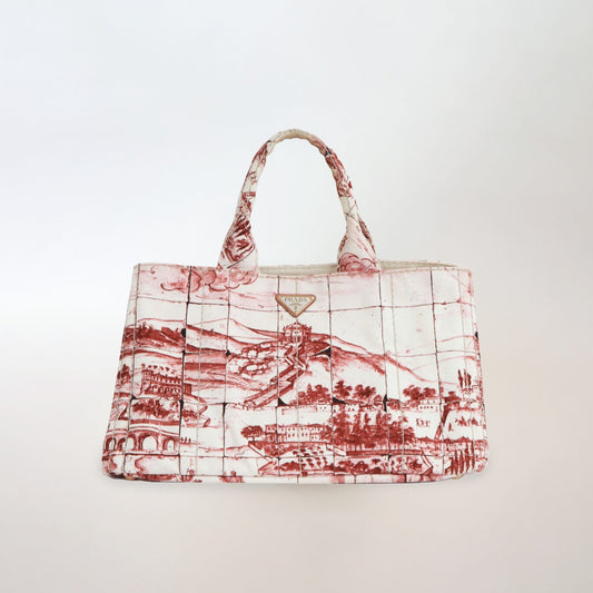 Prada Canapa Tote Azulejos Printed Bag in Red