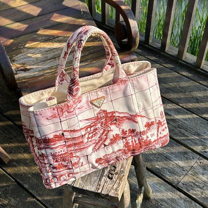 Prada Canapa Tote Azulejos Printed Bag in Red