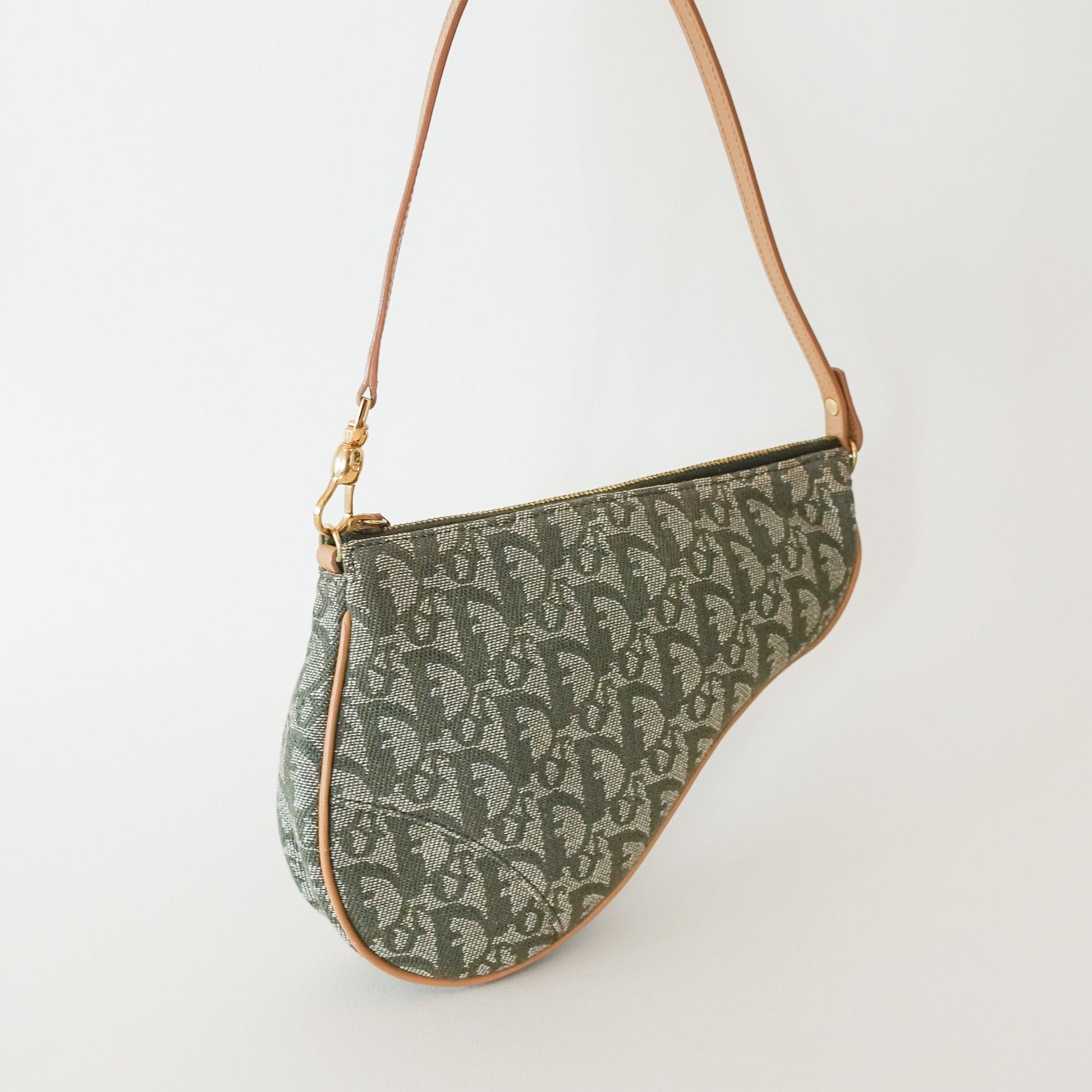 CHRISTIAN DIOR Diorissimo Saddle Pochette Shoulder Bag in Green Canvas - Nour Archive Handbag